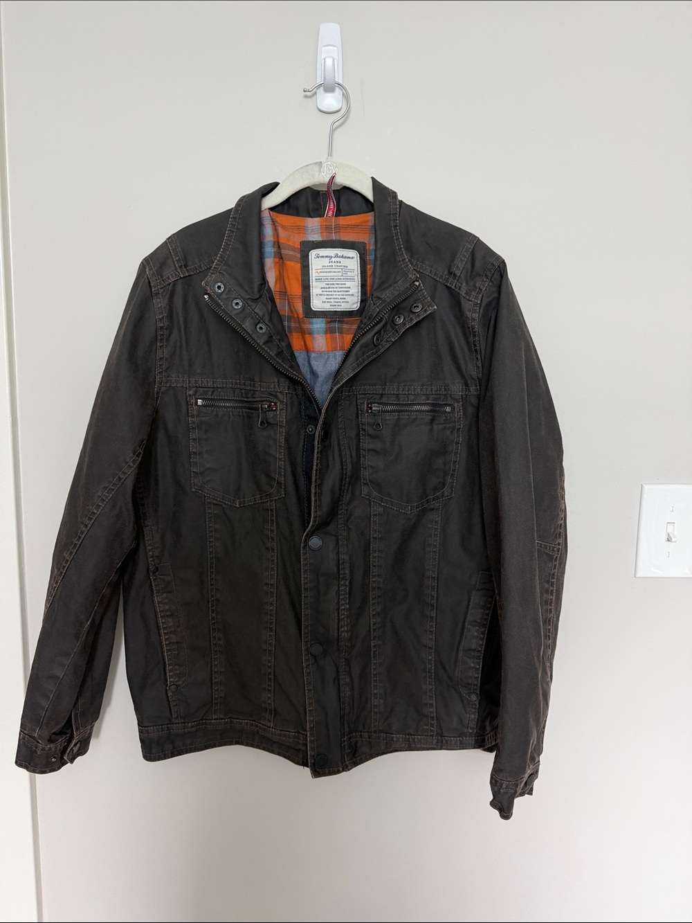 Tommy Hilfiger Dark Brown Lightweight Field Jacket with Orange Plaid Lining -SM